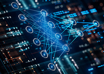A digital illustration showing a neural network structure with interconnected nodes. The background features a blurred representation of complex data and circuit patterns.